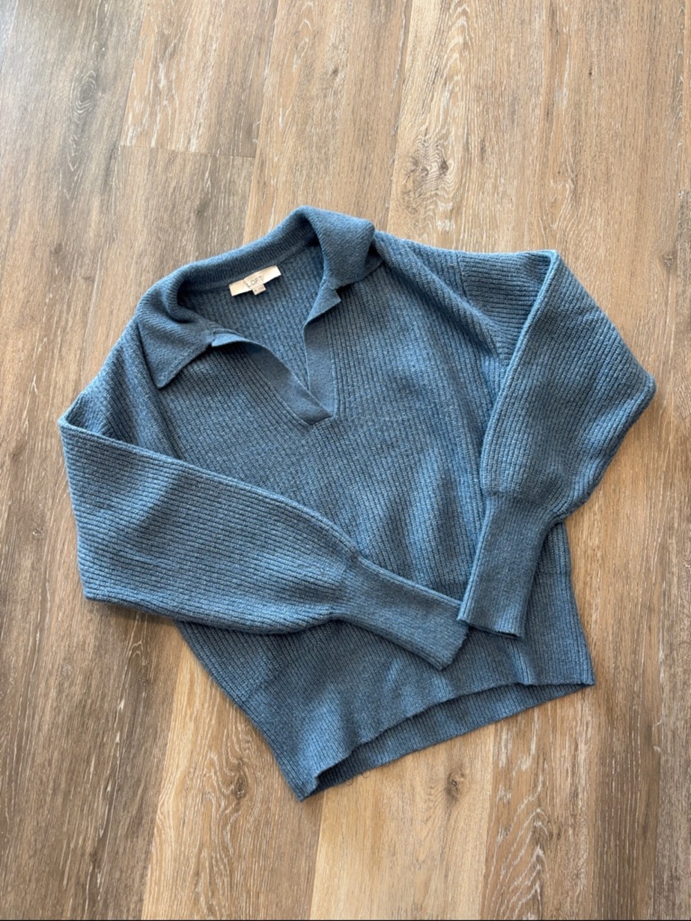 Loft Soft Knit Ribbed Collared Split Neck Sweater - Blue Slate Melange
